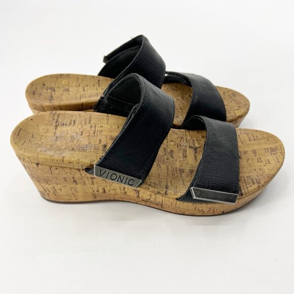 EUC Vionic Black Leather Atlantic Pepper Cork Wedge Adjustable Sandals Size US 7 - Picture 1 of 10